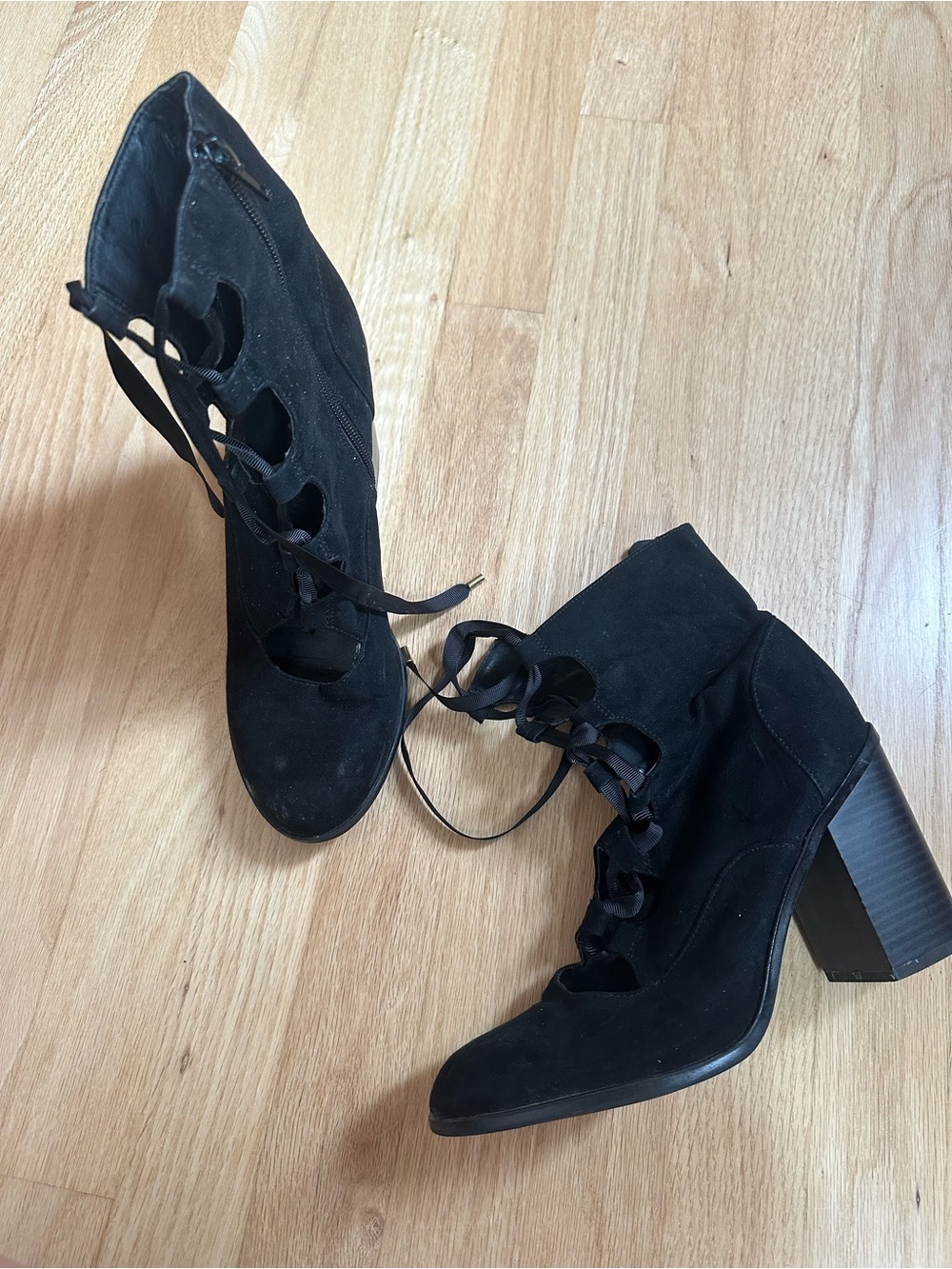 Black Lace-Up Suede Block Heel Ankle Boots